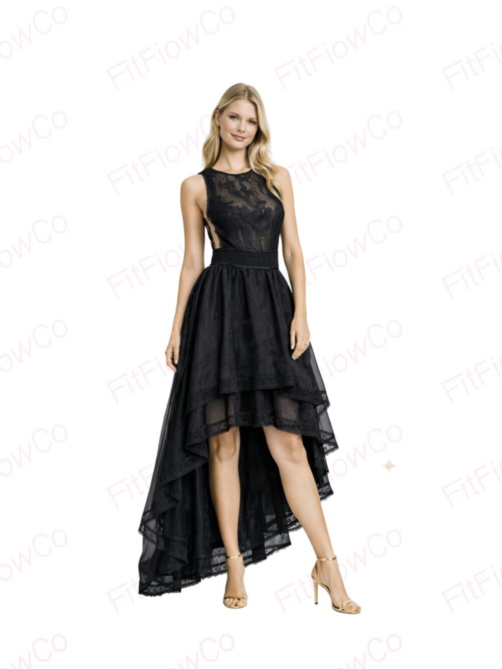 Gracia Black Lace High Low Dress Sheer Mesh Open Side Tiered Formal Cocktail M